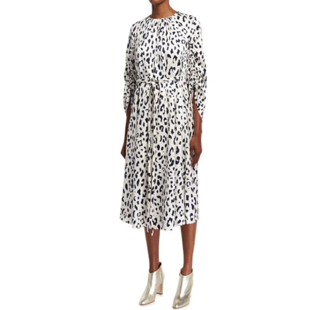 Tibi Cheetah Silk Sculpted-Sleeve Ruched Midi Dress Ivory relaxed fit size 4